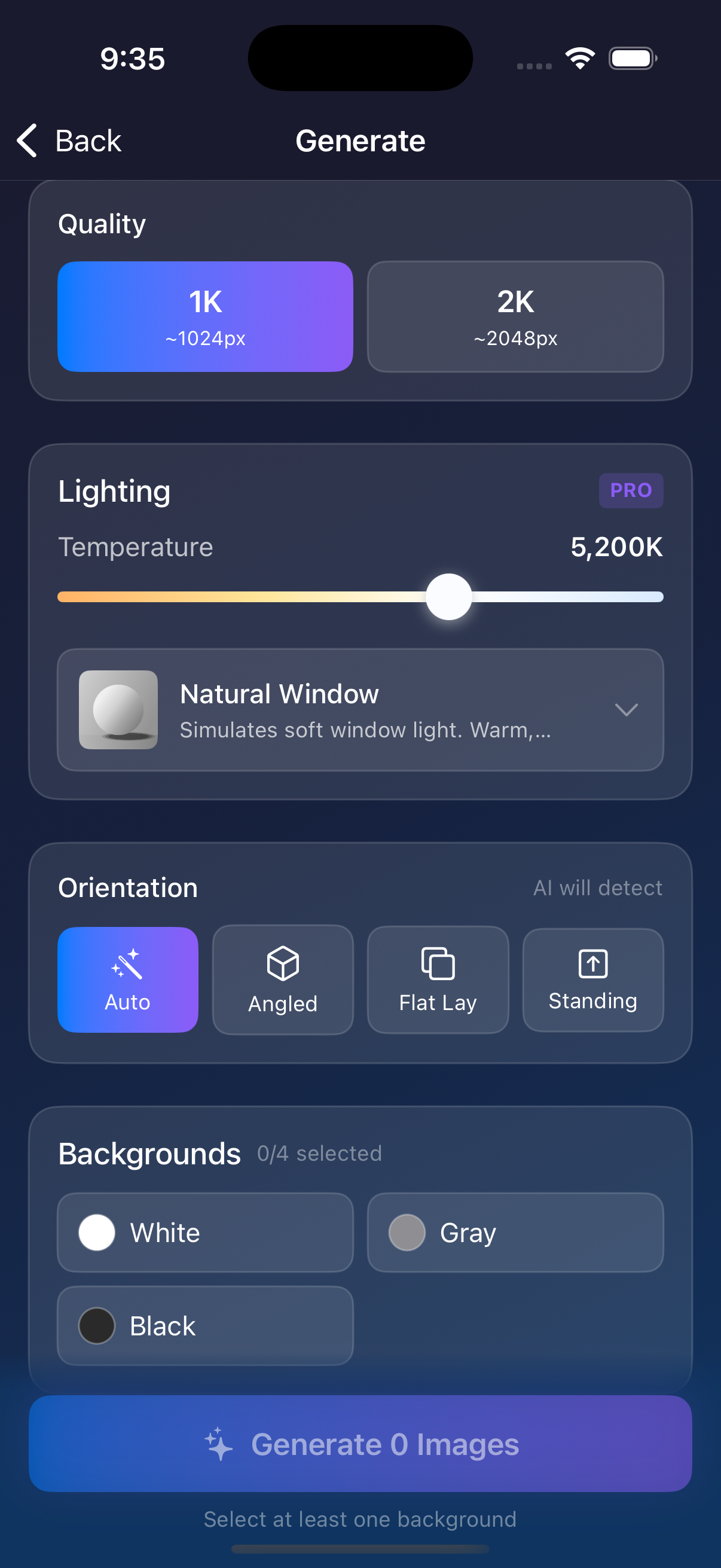 Generate view with lighting controls